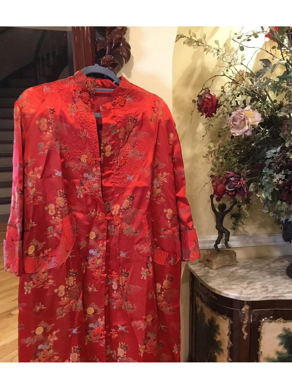 Vintage Chinese red crane bonsai Silk kimono robe dress coat China small pockets